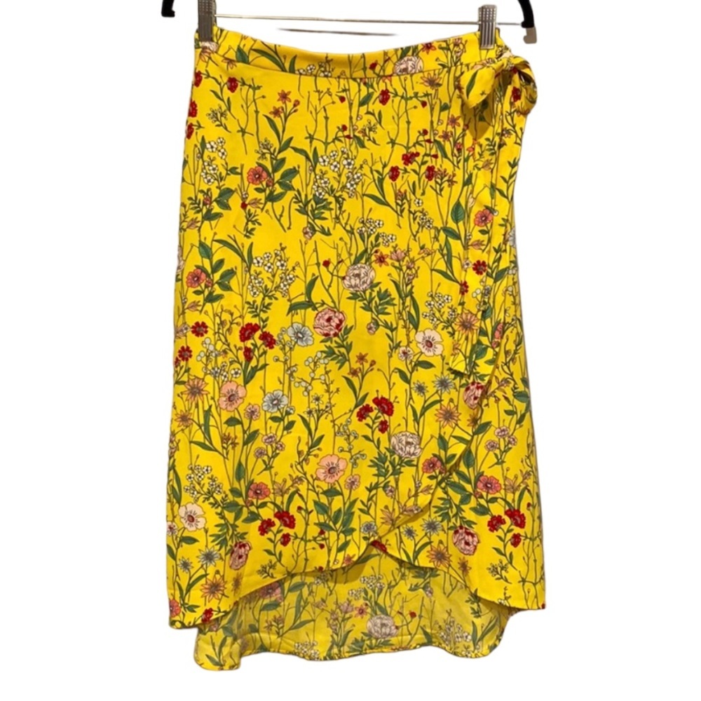 LOFT Ann Taylor Yellow Floral Wrap Midi Skirt